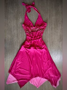 🤍Vintage Y2K Fairy Beaded Halter Magenta Pink Prom Dress Midi S My Michelle